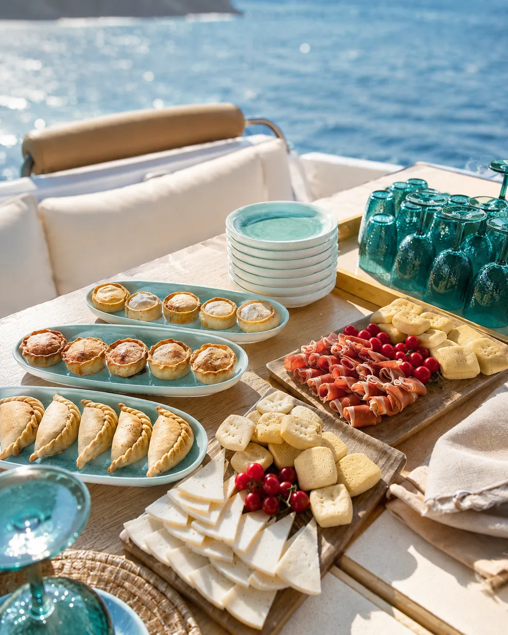 Picnic mallorquín servido a bordo con una selección de productos típicos de la isla